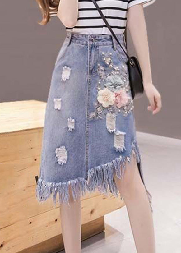 Elegant Blue Asymmetrical Patchwork Tassel Hole Denim Skirts Summer TY1077