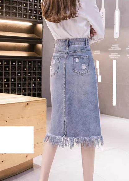 Elegant Blue Asymmetrical Patchwork Tassel Hole Denim Skirts Summer TY1077 - fabuloryshop