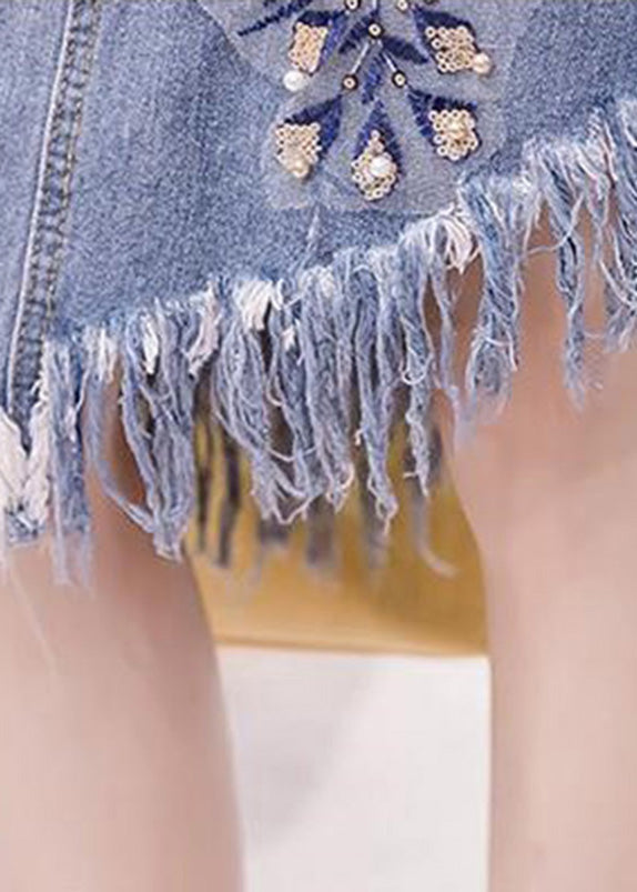 Elegant Blue Asymmetrical Patchwork Tassel Hole Denim Skirts Summer TY1077
