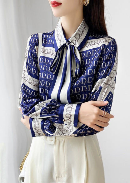 Elegant Blue Bow Print Wrinkled Silk Blouse Tops Spring LY0386 - fabuloryshop