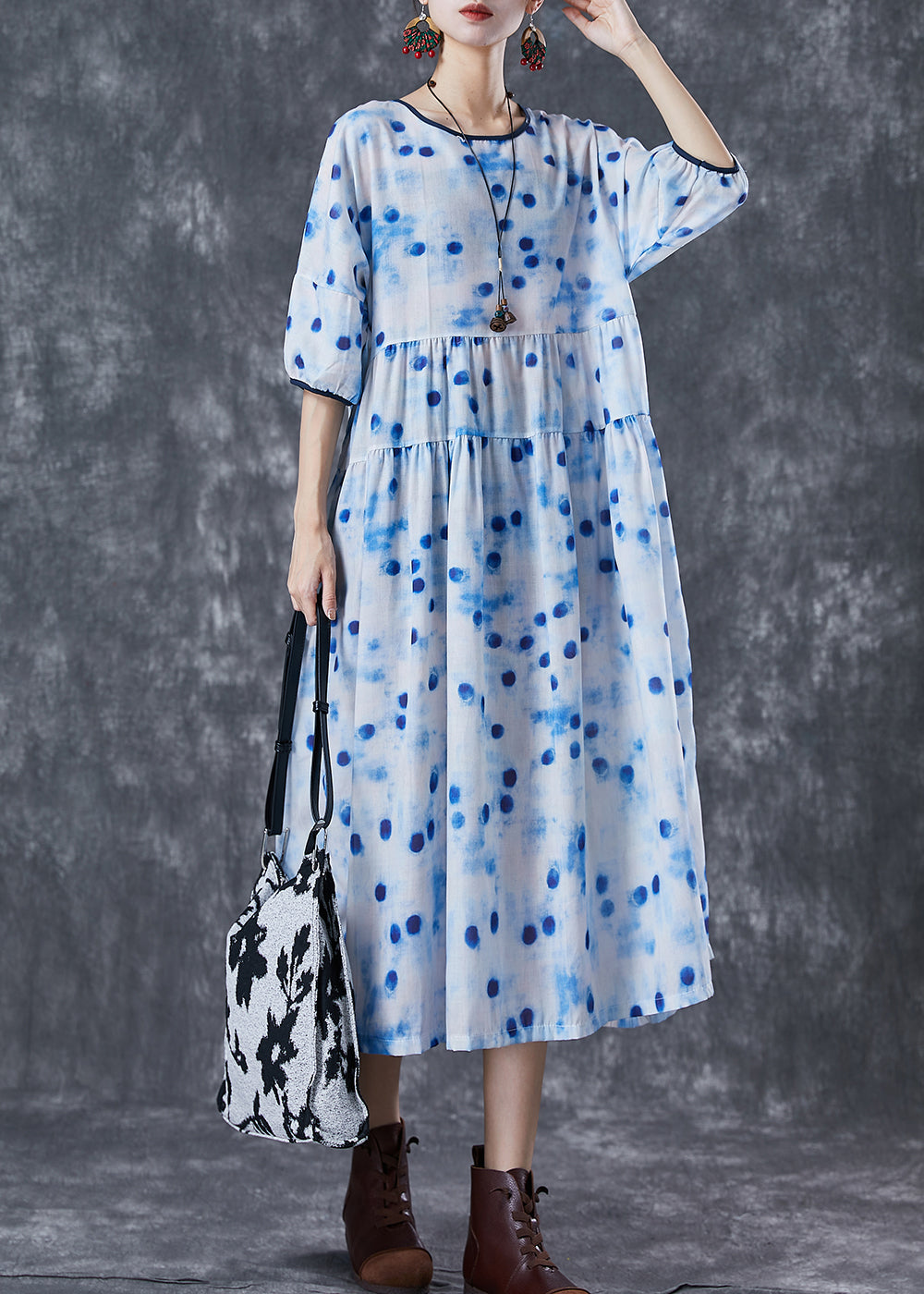 Elegant Blue Dot Oversized Patchwork Linen Maxi Dresses Summer Ada Fashion