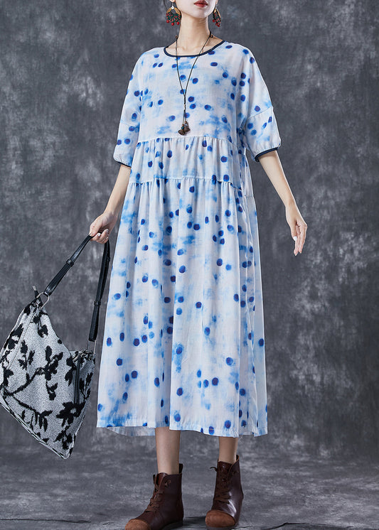 Elegant Blue Dot Oversized Patchwork Linen Maxi Dresses Summer Ada Fashion
