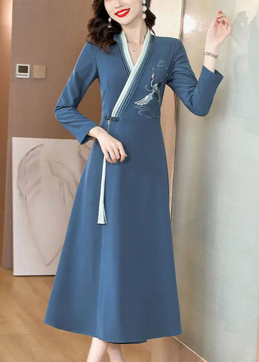 Elegant Blue Embroidered Button Long Dress Long Sleeve Ada Fashion