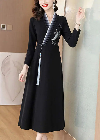 Elegant Blue Embroidered Button Long Dress Long Sleeve Ada Fashion