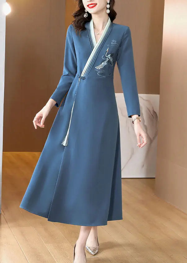 Elegant Blue Embroidered Button Long Dress Long Sleeve Ada Fashion