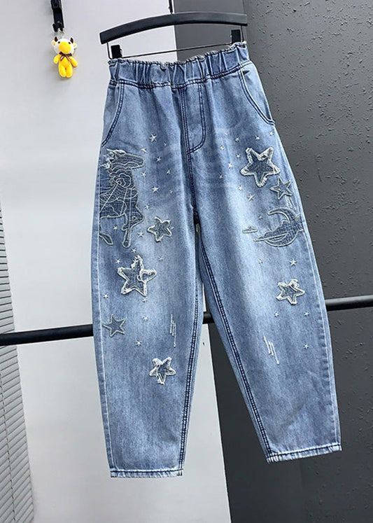 Elegant Blue Embroideried Pockets Elastic Waist Denim Crop Pants Summer LY5245 - fabuloryshop