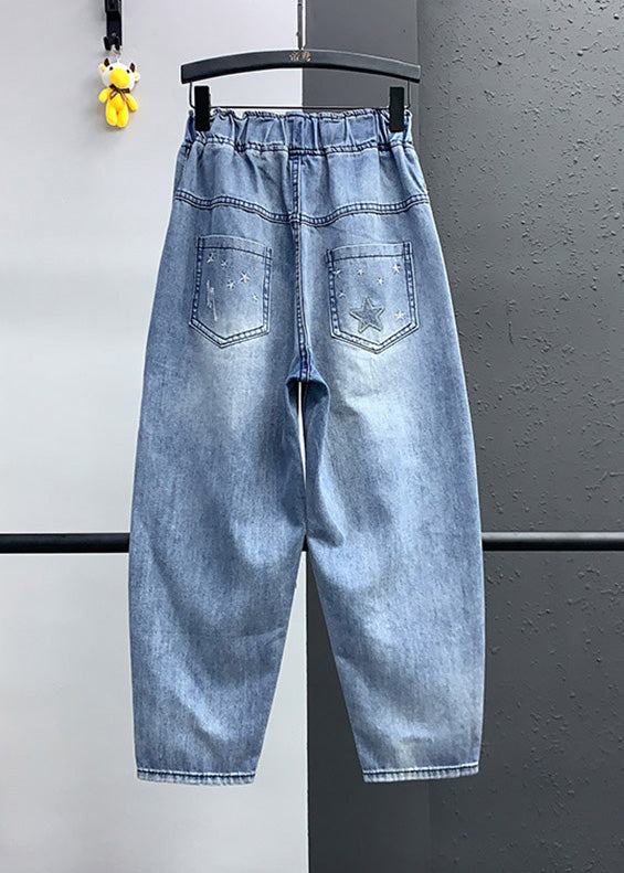 Elegant Blue Embroideried Pockets Elastic Waist Denim Crop Pants Summer LY5245 - fabuloryshop