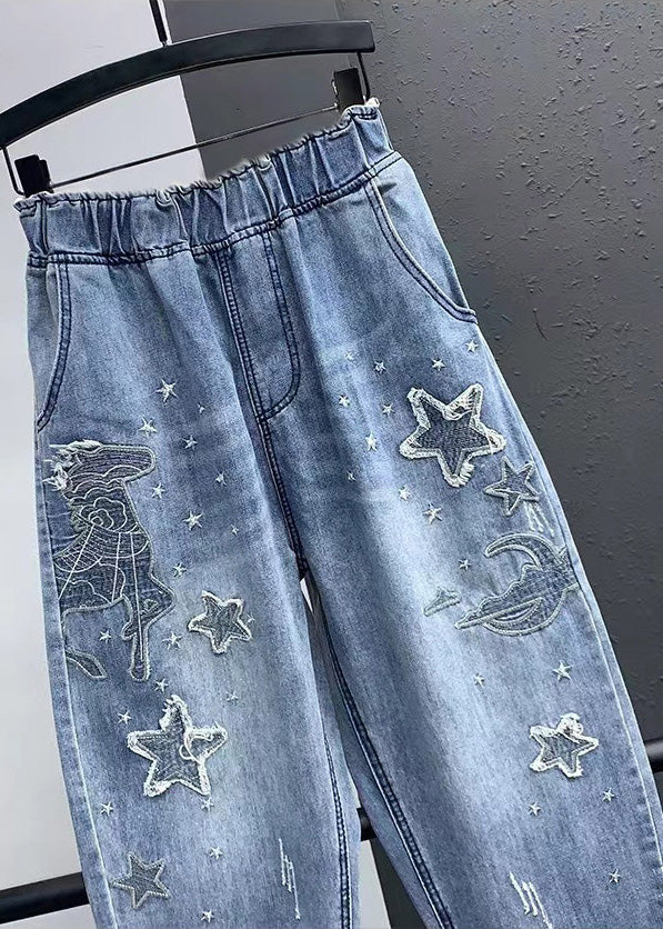 Elegant Blue Embroideried Pockets Elastic Waist Denim Crop Pants Summer LY5245 - fabuloryshop