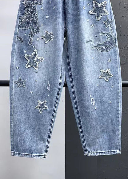 Elegant Blue Embroideried Pockets Elastic Waist Denim Crop Pants Summer LY5245 - fabuloryshop