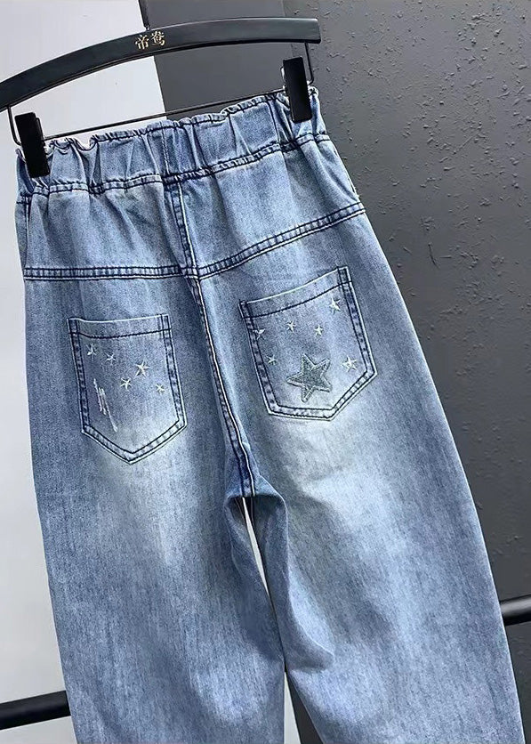 Elegant Blue Embroideried Pockets Elastic Waist Denim Crop Pants Summer LY5245 - fabuloryshop