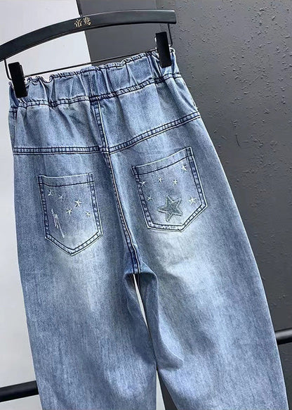 Elegant Blue Embroideried Pockets Elastic Waist Denim Crop Pants Summer LY5245 - fabuloryshop