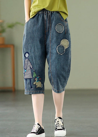 Elegant Blue Embroideried Print Elastic Waist Denim Crop Pants Summer LY1287 - fabuloryshop