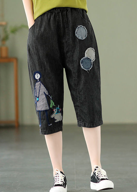 Elegant Blue Embroideried Print Elastic Waist Denim Crop Pants Summer LY1287 - fabuloryshop