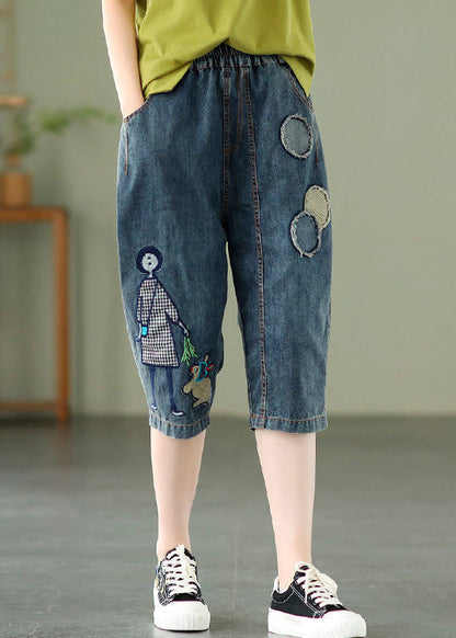 Elegant Blue Embroideried Print Elastic Waist Denim Crop Pants Summer LY1287 - fabuloryshop