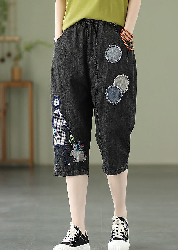 Elegant Blue Embroideried Print Elastic Waist Denim Crop Pants Summer LY1287 - fabuloryshop