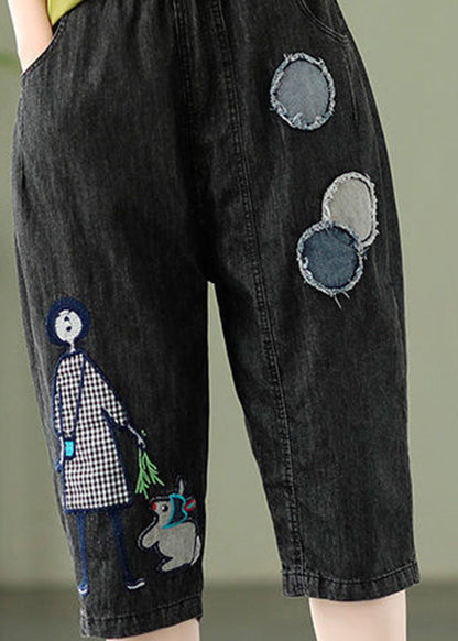 Elegant Blue Embroideried Print Elastic Waist Denim Crop Pants Summer LY1287 - fabuloryshop