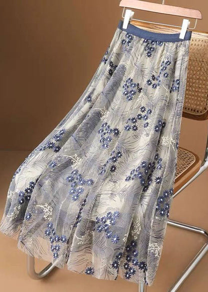 Elegant Blue Embroidery Wrinkled Tulle Skirts Summer LY2233 - fabuloryshop