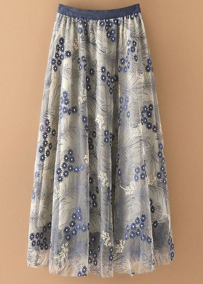 Elegant Blue Embroidery Wrinkled Tulle Skirts Summer LY2233 - fabuloryshop