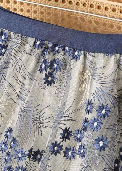 Elegant Blue Embroidery Wrinkled Tulle Skirts Summer LY2233 - fabuloryshop