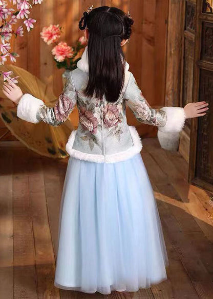 Elegant Blue Fur Collar Print Button Girls Coats And Tulle Maxi Skirts Two Pieces Set Long Sleeve Ada Fashion