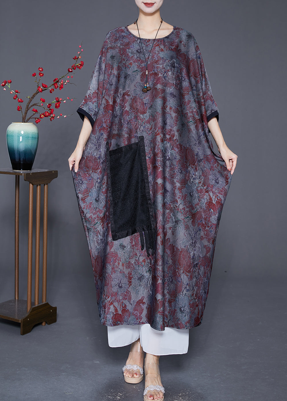 Elegant Blue Grey Oversized Patchwork Tassel Silk Dresses Batwing Sleeve Ada Fashion
