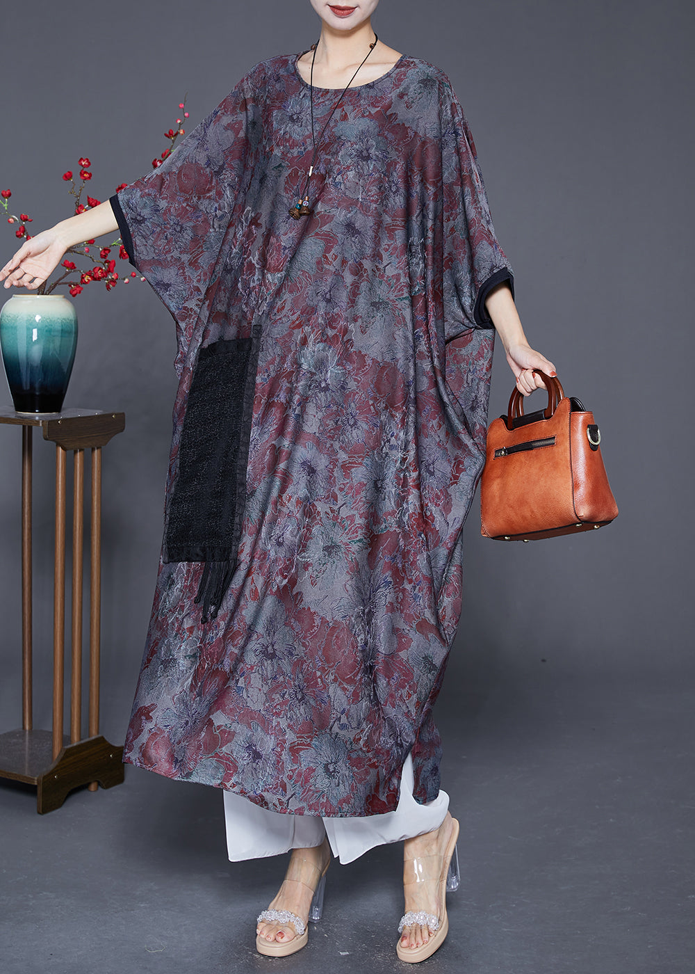 Elegant Blue Grey Oversized Patchwork Tassel Silk Dresses Batwing Sleeve Ada Fashion