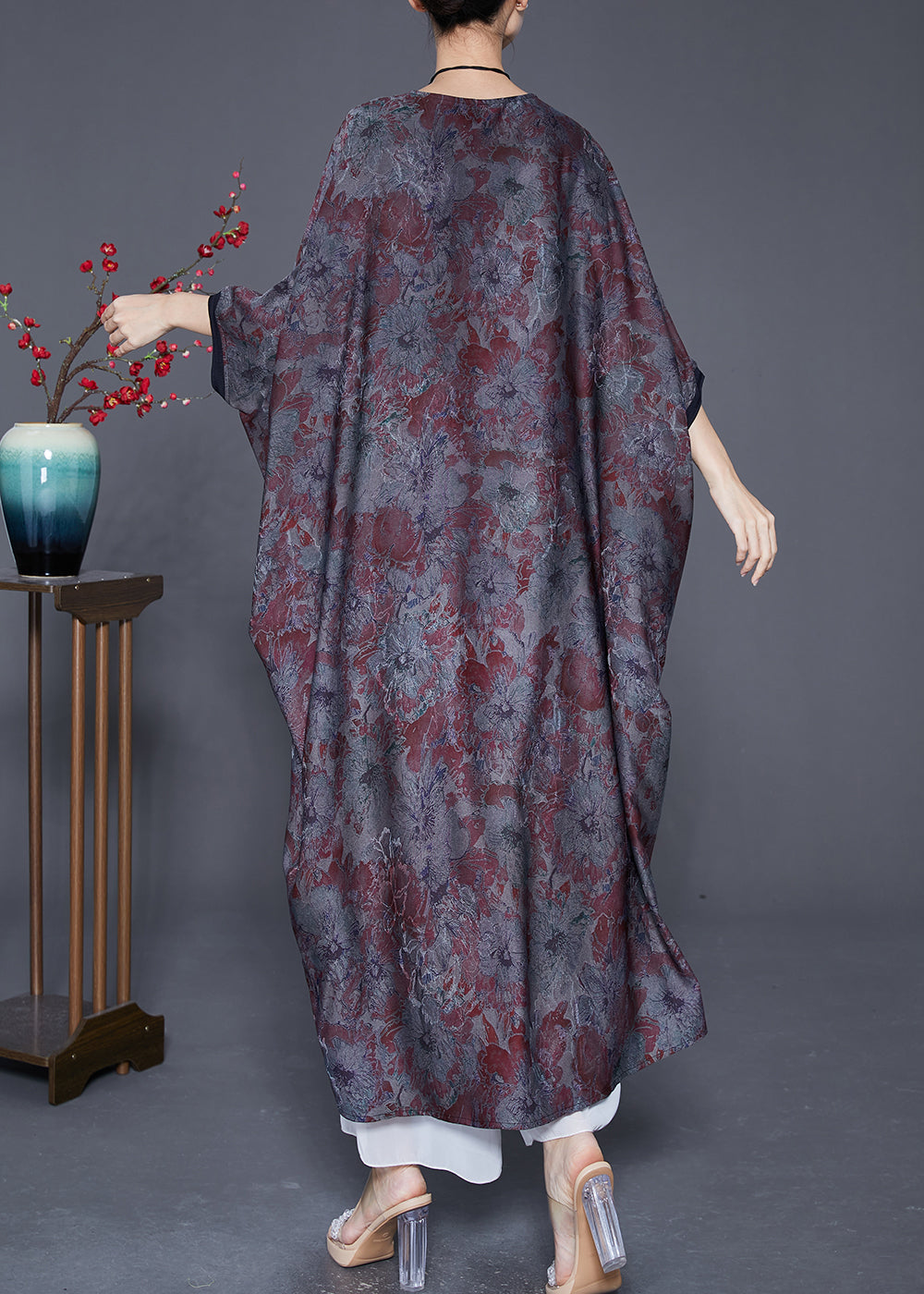 Elegant Blue Grey Oversized Patchwork Tassel Silk Dresses Batwing Sleeve Ada Fashion