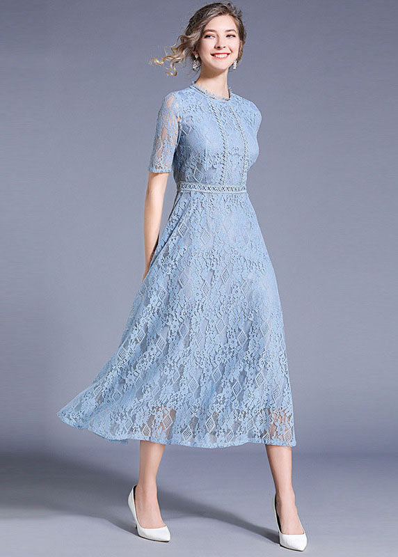 Elegant Blue Hollow Out Embroideried Patchwork Lace Long Dresses Summer LY7394 - fabuloryshop