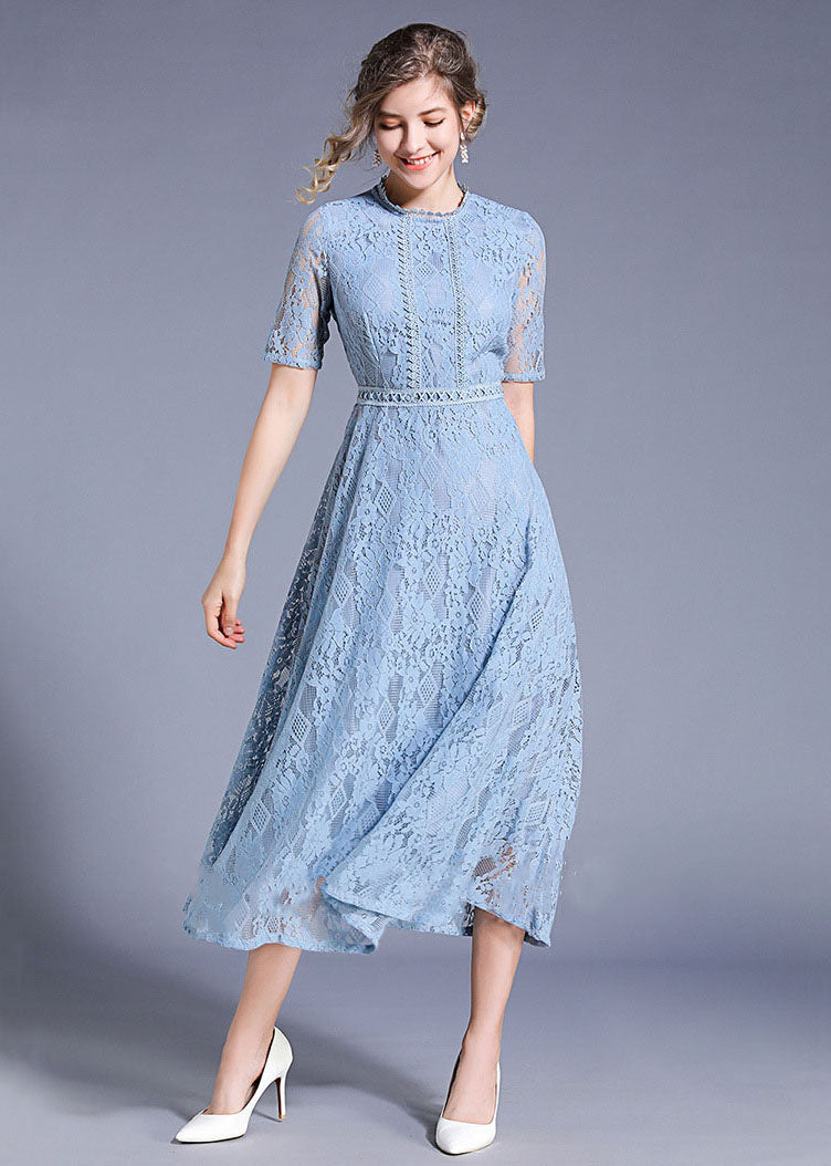 Elegant Blue Hollow Out Embroideried Patchwork Lace Long Dresses Summer LY7394 - fabuloryshop