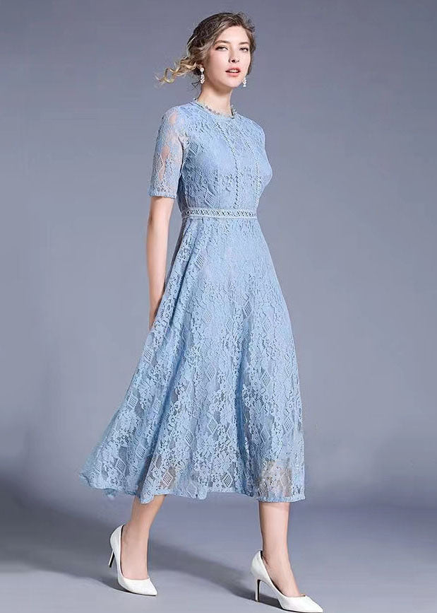 Elegant Blue Hollow Out Embroideried Patchwork Lace Long Dresses Summer LY7394 - fabuloryshop