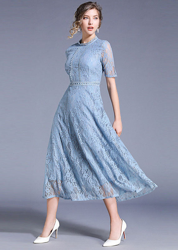 Elegant Blue Hollow Out Embroideried Patchwork Lace Long Dresses Summer LY7394 - fabuloryshop