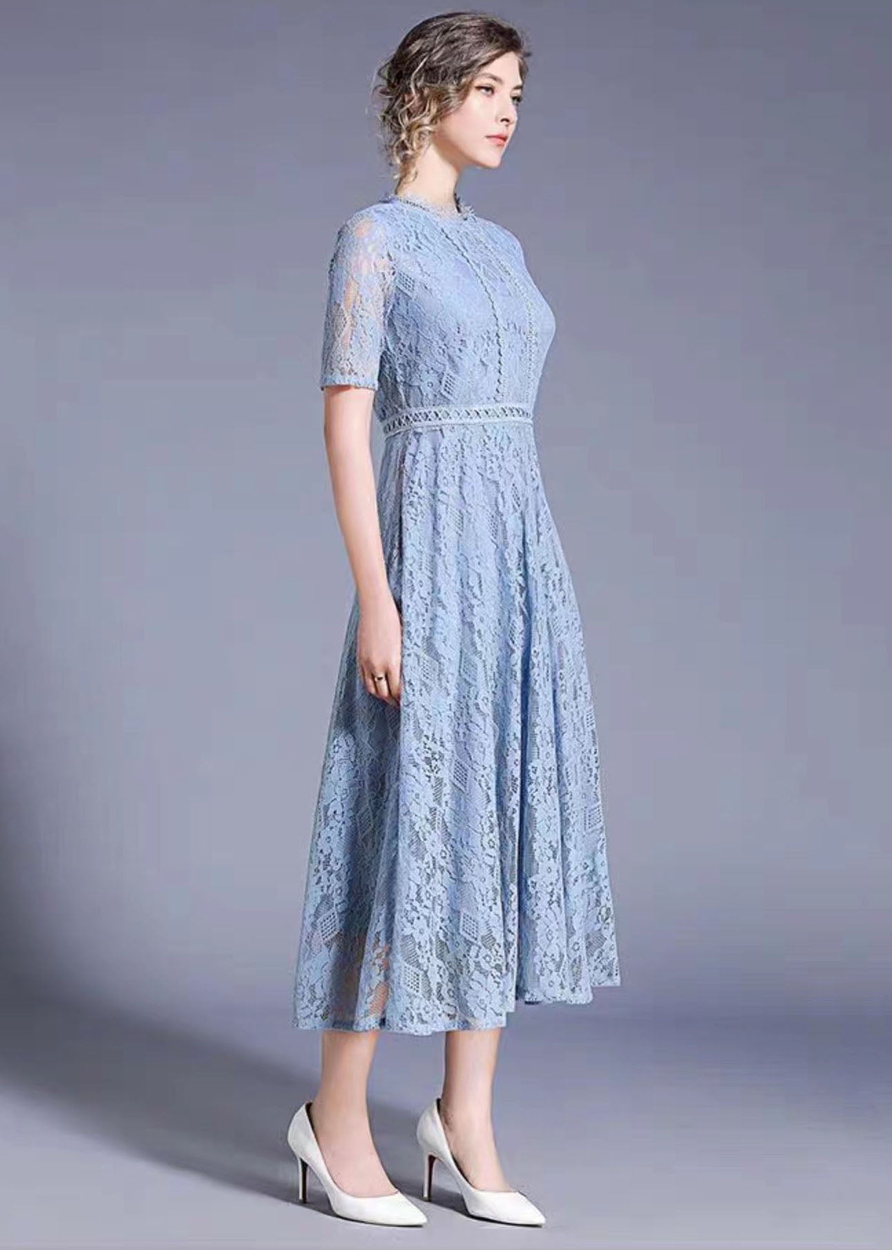 Elegant Blue Hollow Out Embroideried Patchwork Lace Long Dresses Summer LY7394 - fabuloryshop