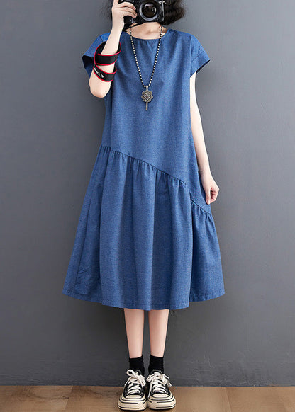 Elegant Blue O-Neck Patchwork Silk Denim Maxi Dress Summer LY6025 - fabuloryshop