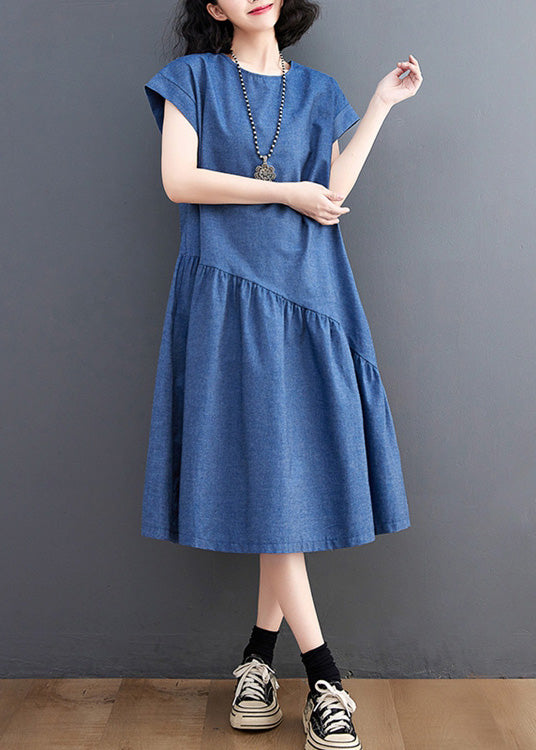 Elegant Blue O-Neck Patchwork Silk Denim Maxi Dress Summer LY6025 - fabuloryshop