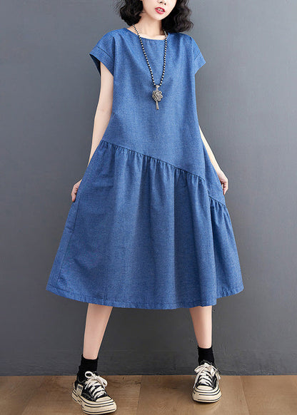 Elegant Blue O-Neck Patchwork Silk Denim Maxi Dress Summer LY6025 - fabuloryshop