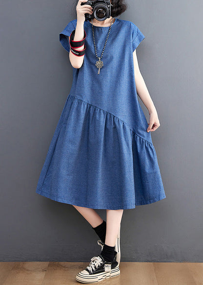 Elegant Blue O-Neck Patchwork Silk Denim Maxi Dress Summer LY6025 - fabuloryshop