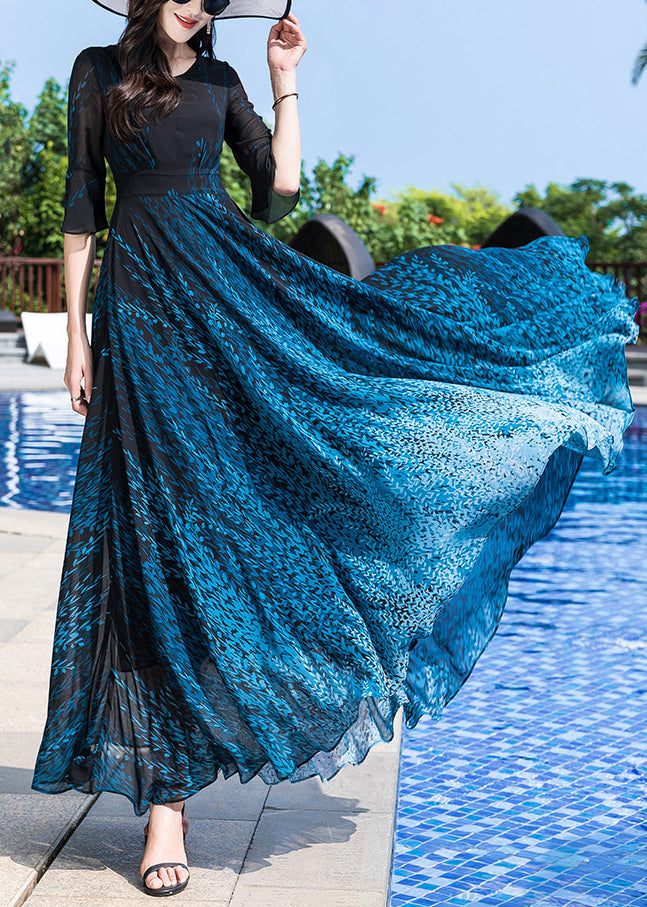 Elegant Blue O-Neck Print Party Chiffon Long Dress Half Sleeve LY1776 - fabuloryshop