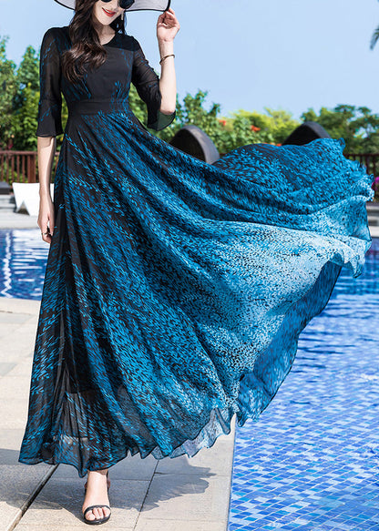 Elegant Blue O-Neck Print Party Chiffon Long Dress Half Sleeve LY1776 - fabuloryshop