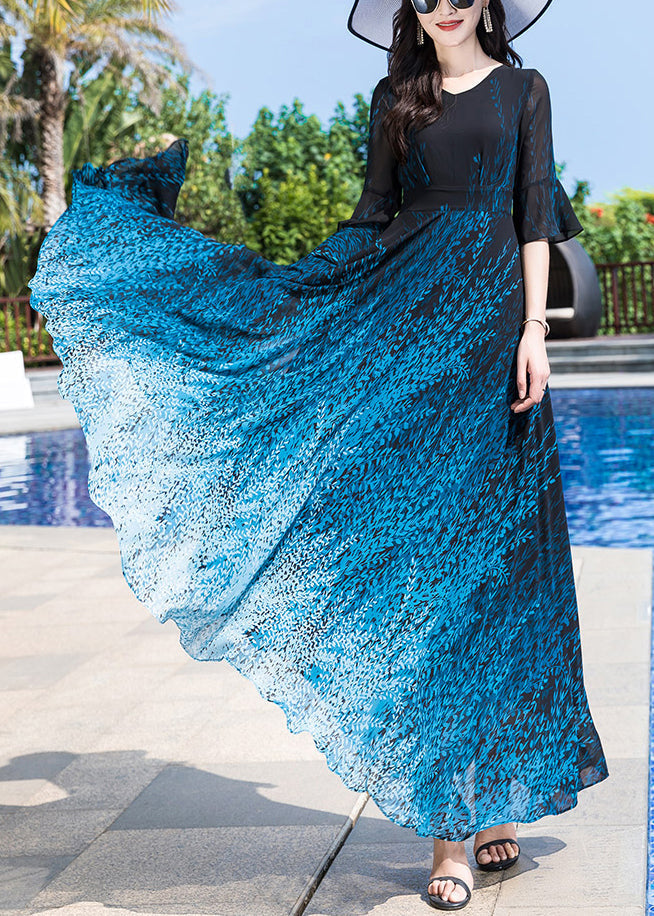 Elegant Blue O-Neck Print Party Chiffon Long Dress Half Sleeve LY1776 - fabuloryshop