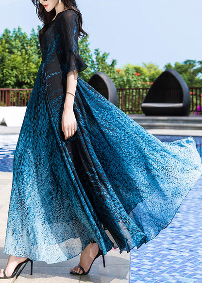 Elegant Blue O-Neck Print Party Chiffon Long Dress Half Sleeve LY1776 - fabuloryshop