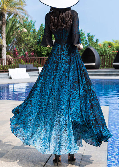 Elegant Blue O-Neck Print Party Chiffon Long Dress Half Sleeve LY1776 - fabuloryshop