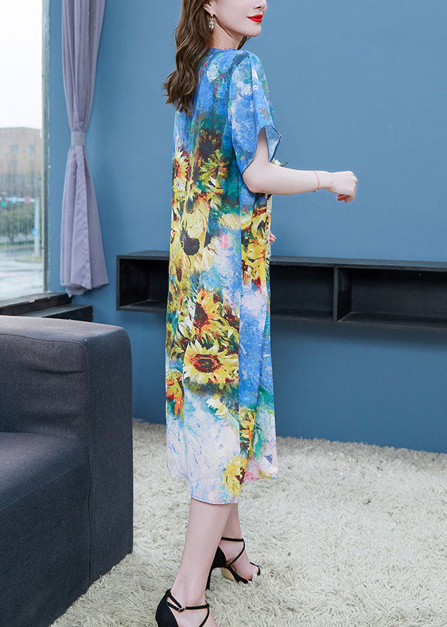 Elegant Blue O Neck The Sunflowers Patchwork Chiffon Dresses Summer Ada Fashion