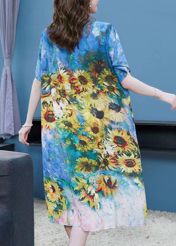 Elegant Blue O Neck The Sunflowers Patchwork Chiffon Dresses Summer Ada Fashion