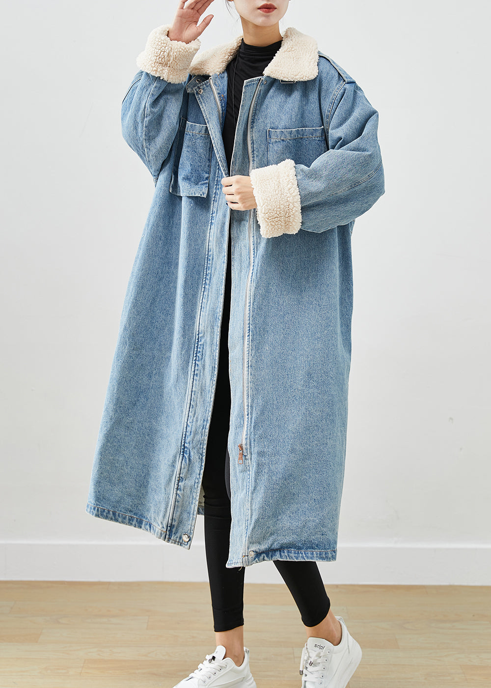 Elegant Blue Oversized Pockets Fleece Wool Lined Denim Trench Fall Ada Fashion