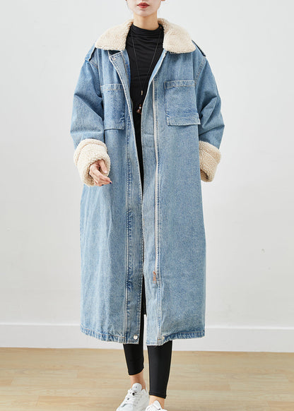 Elegant Blue Oversized Pockets Fleece Wool Lined Denim Trench Fall Ada Fashion