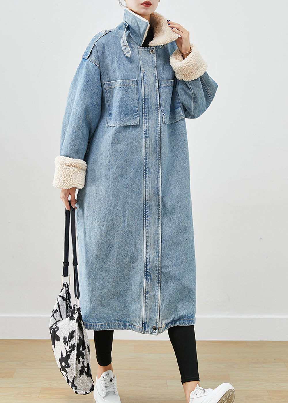 Elegant Blue Oversized Pockets Fleece Wool Lined Denim Trench Fall Ada Fashion