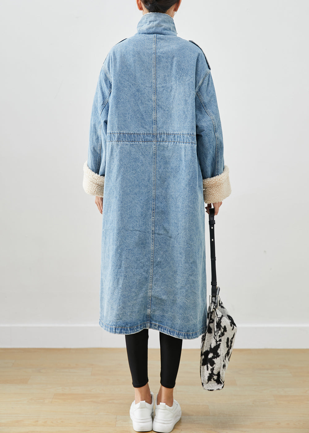 Elegant Blue Oversized Pockets Fleece Wool Lined Denim Trench Fall Ada Fashion