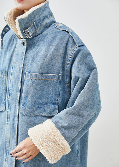 Elegant Blue Oversized Pockets Fleece Wool Lined Denim Trench Fall Ada Fashion