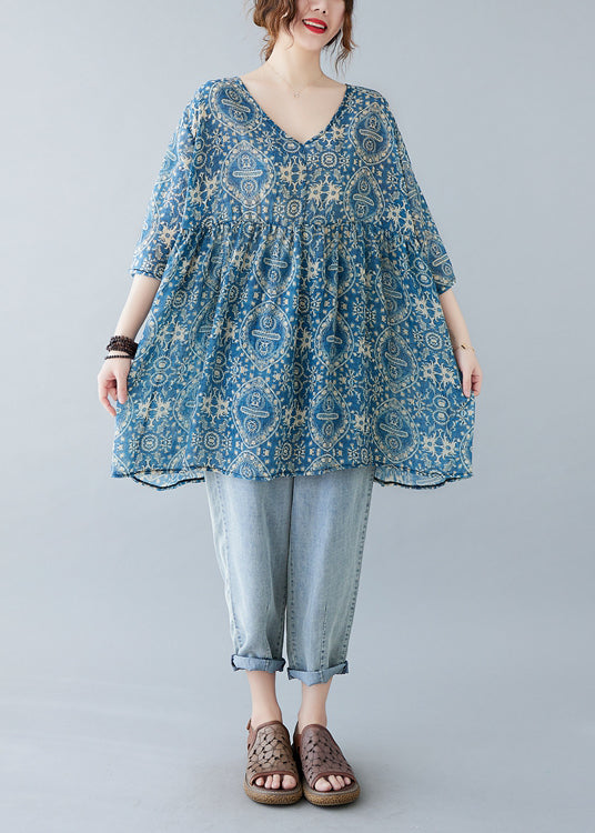 Elegant Blue Oversized Print Linen Mini Dresses Summer Ada Fashion