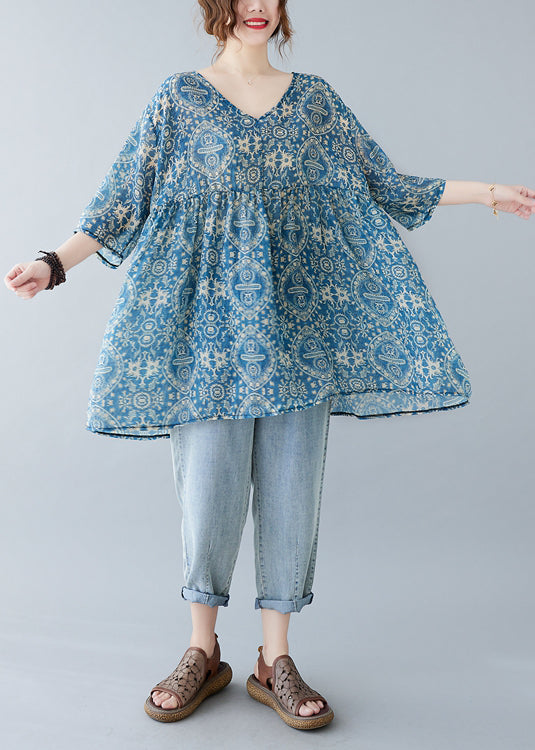 Elegant Blue Oversized Print Linen Mini Dresses Summer Ada Fashion